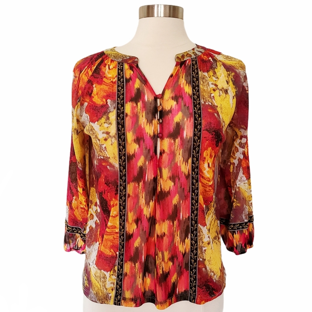 Alfani Hot Pink and Yellow Sheer 3/4 Sleeve Top